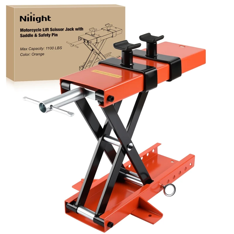 Nilight Motorcycle Lift 1100 LBS ATV Scissor Jacks with Saddle Safety Pin Crank Handle 3.7"-15.7" Hoist Stand Heavy Duty Steel Lifter Jack for Motorcycles Dirt Bike Garage Storage Repair Tool, Orange