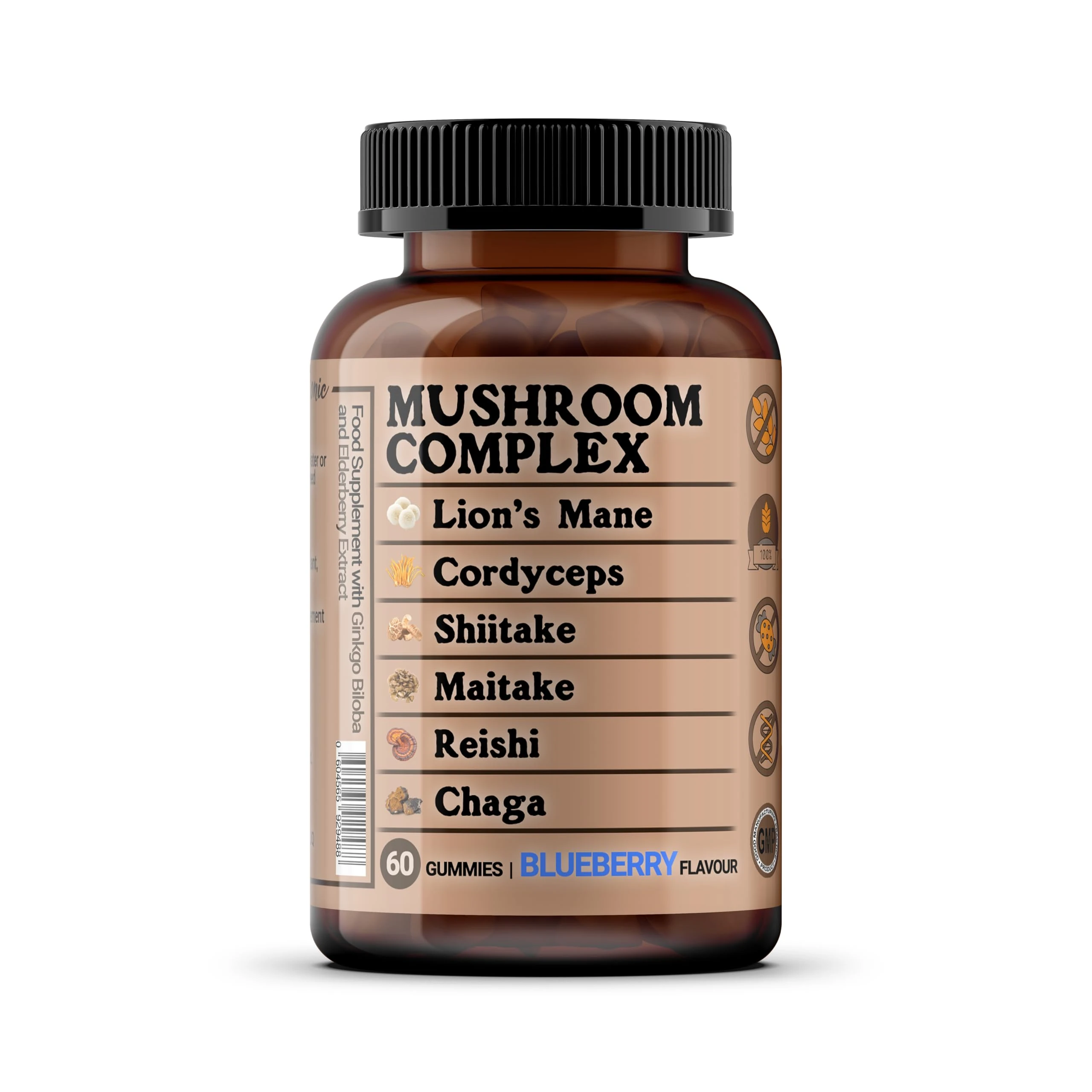 Mushroom Complex 60 Gummies, Lion’s Mane, Cordyceps, Shiitake, Maitake, Reishi, Chaga with Ginkgo Biloba and Elderburry Extract, Sugar Free