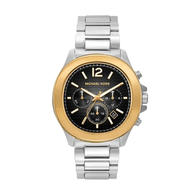 Michael Kors Sage Watch for Men, 44mm Quartz Chronograph Movement with Stainless Steel Strap, Silver Tone and Black, 44 mm