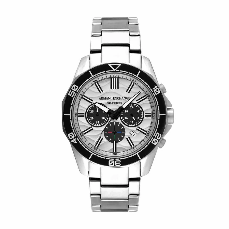 Armani Exchange Silver Tone Watch for Men, Quartz Chronograph Movement and 44mm Case Size with Stainless Steel Strap, Silver Tone and White