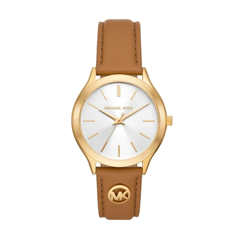 Michael Kors Slim Runway Watch for Women, 38mm Quartz Three Hand Movement with Leather Strap, Brown and Gold, 38 mm
