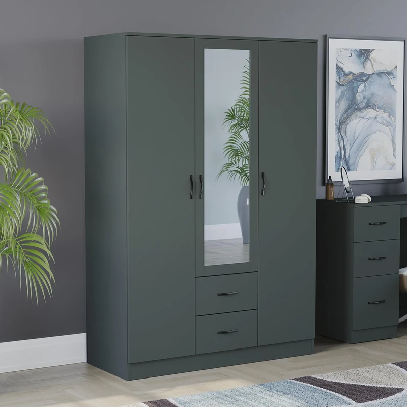 Vida Designs Riano Wardrobe, With Shelf & Hanging Rail Bedroom Storage Furniture (Jasper Green, 3 Door Mirrored)