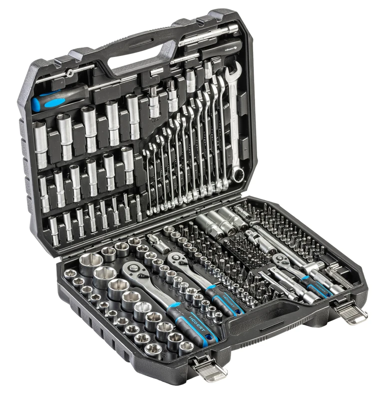 Högert Technik Tool Set 222 Pieces, Socket Spanner and Bit Set 1/4 Inch & 3/8 Inch & 1/2 Inch CRV Steel, Fork Ring Spanner, DIN 3124, in Steel Case