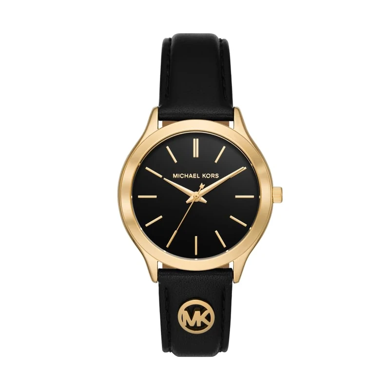 Michael Kors Slim Runway Watch for Women, 38mm Quartz Three Hand Movement with Leather Strap, Black and Gold, 38 mm