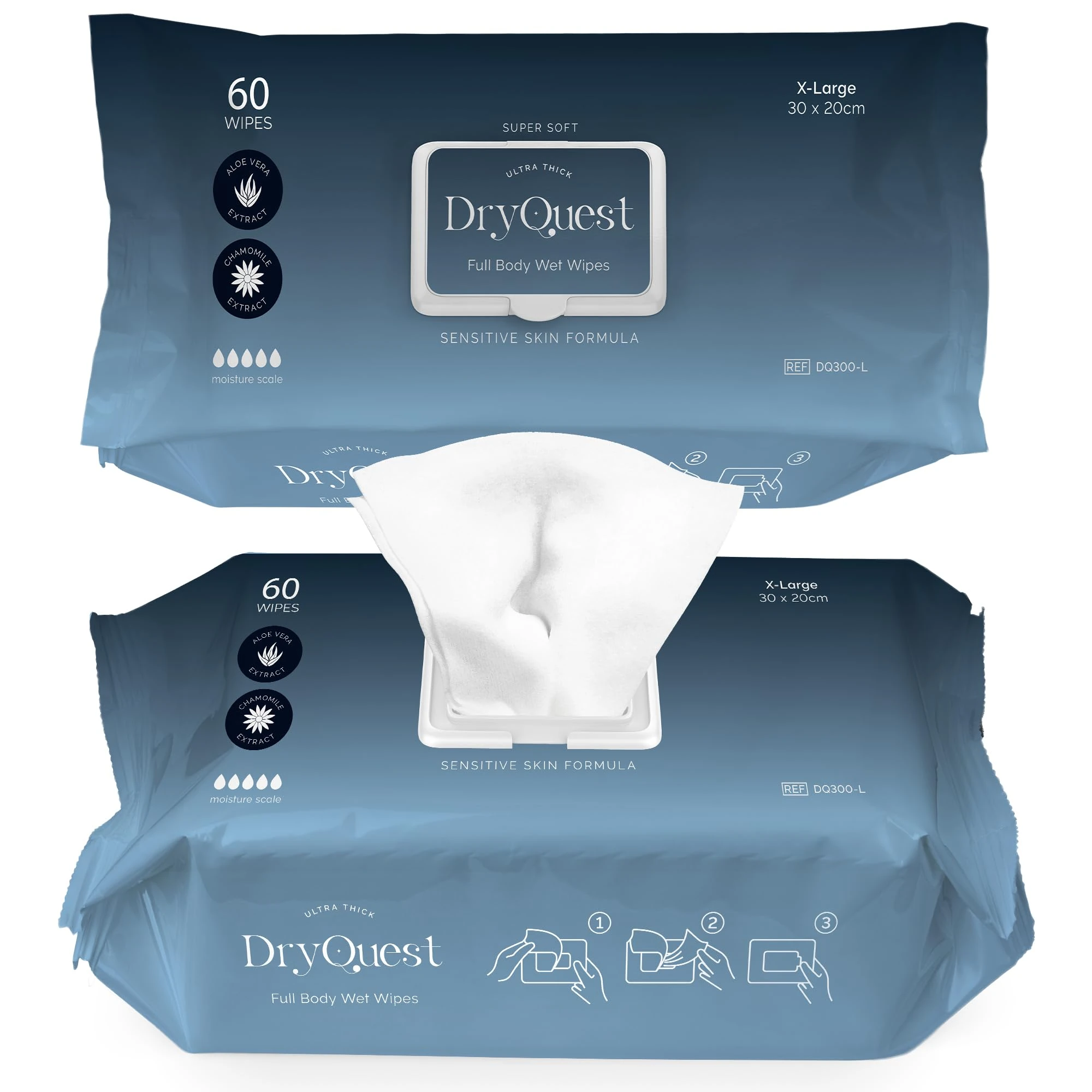 DryQuest Full Body Wet Wipes Extra Large, Pack of 60 - Soft and Moist, Versatile Travel Wipes for Adults & Kids with Aloe Vera & Chamomile Extract - Formulated for Sensitive Skin (30 x 30cm)