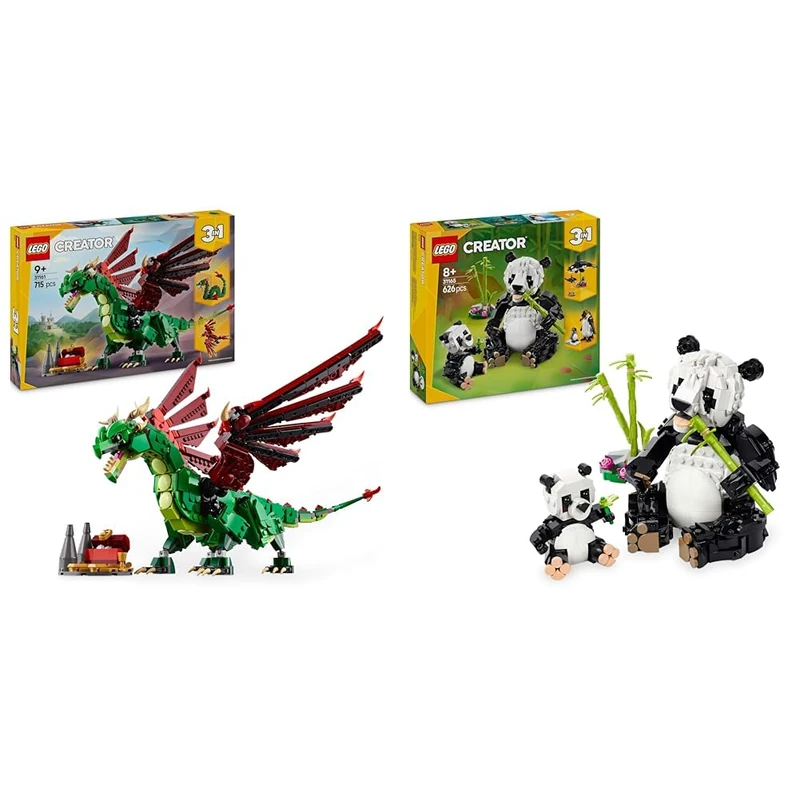 LEGO Creator 3in1 Medieval Dragon Toy - Transforms into a Sea Serpent or a Phoenix animal figure + 3in1 Wild Animals: Panda Family Toy - Transforms into Penguin Figures or Orca Whale 31161 + 31165