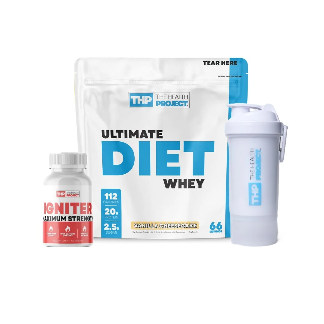The Health Project Diet Protein & Fat Burner Bundle. Low Cal Weight Loss Protein Powder, Ultimate Igniter Fat Burner, Green Tea & High Caffeine & Shaker Bottle (2kg, Vanilla Cheesecake)