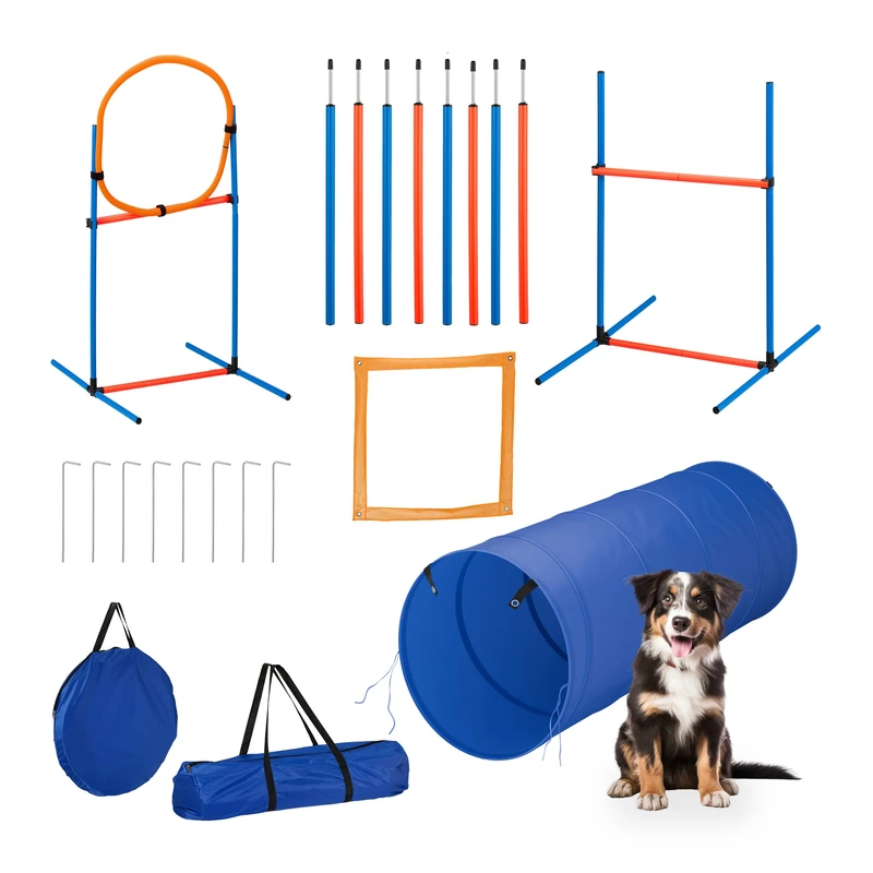 Relaxdays Agility Set, for Dogs, 76-Piece Training Kit, Tunnel, Hurdles, Jump Ring & Slalom Poles, Bag, Blue/Orange