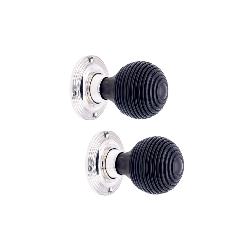 Infinity Decor Victorian Pure Ebony Wooden Beehive Mortice Rim Door Knobs Pull Handles on Polished Nickel Rose Plate 55mm – Ideal for Interior & Exterior Doors