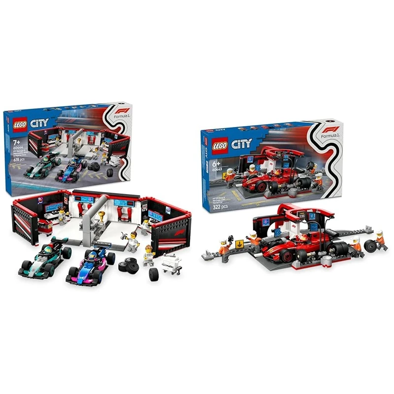 LEGO City F1 Garage & Mercedes-AMG & Alpine Cars + F1 Pit Stop & Pit Crew with Ferrari Car Toy 60444 + 60443