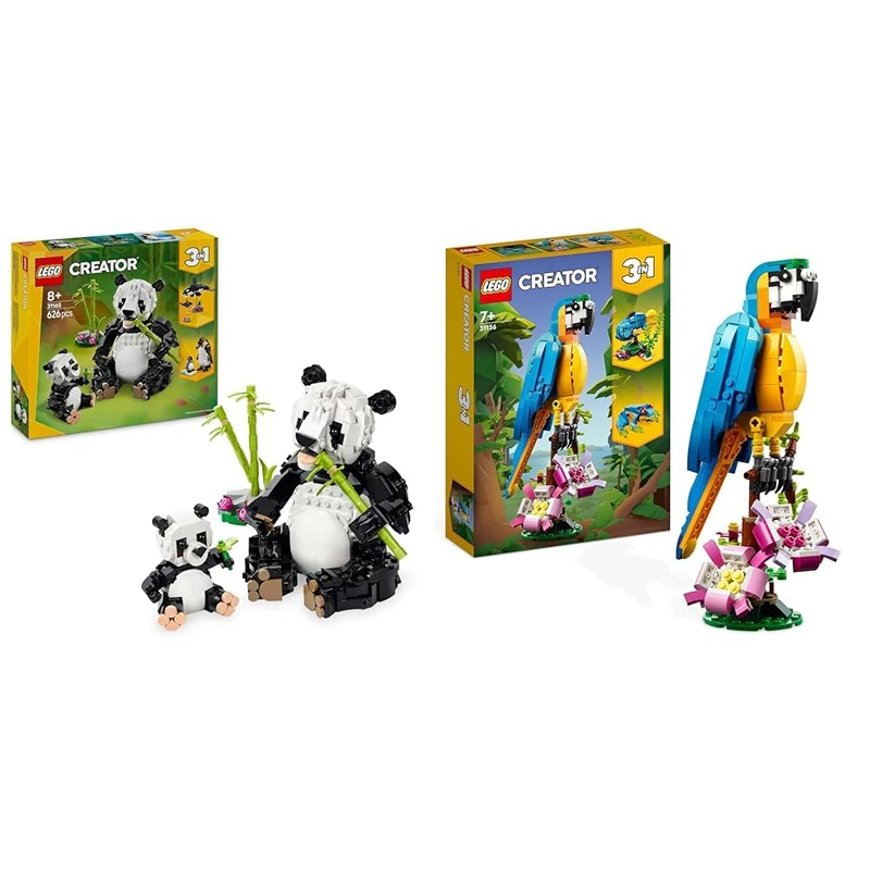 LEGO Creator 3in1 Wild Animals: Panda Family Toy - Transforms into Penguin Figures or Orca Whale + 3in1 Exotic Parrot to Frog to Fish Animal Figures 31165 + 31166