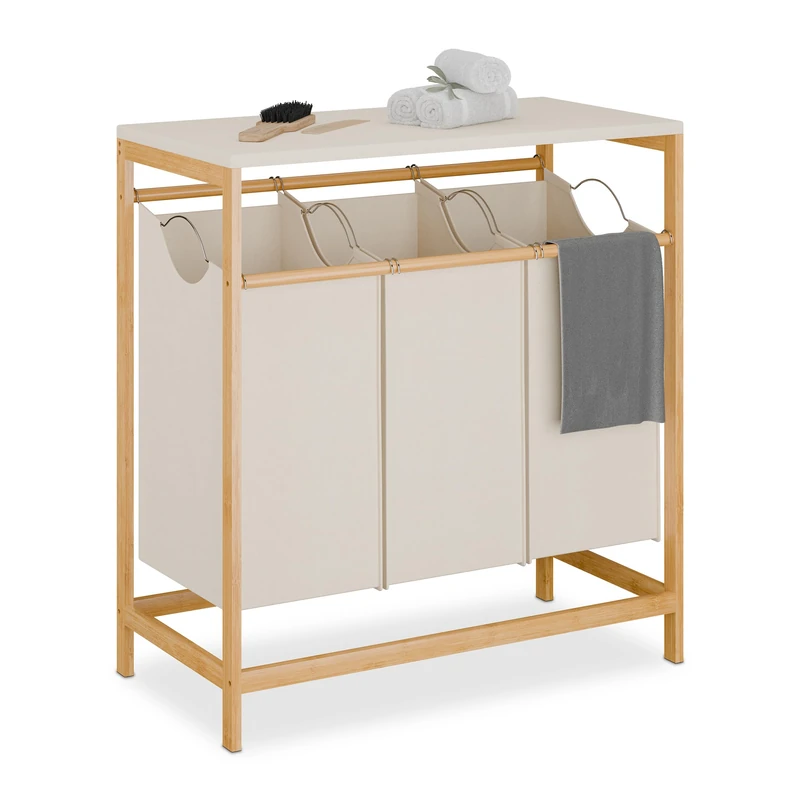 Relaxdays Laundry Basket Rack, 3 Removable Bags, Flip Shelf, HWD: 84.5x78.5x40 cm, Washing Sorter, Bamboo, Brown/Cream, Polyester, Cotton