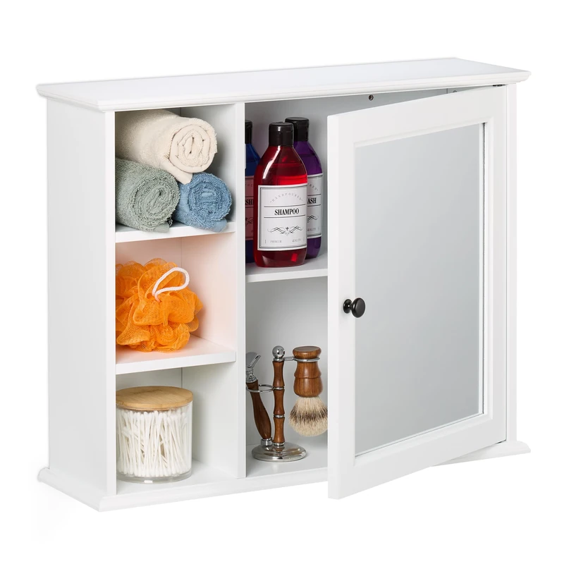 Relaxdays Mirror Cabinet, Wall-Mounted, 3 Shelves, 2 Compartments, HWD 48 x 60 x 18 cm, Bathroom Storage Cupboard, White, Fibreboard, Glass