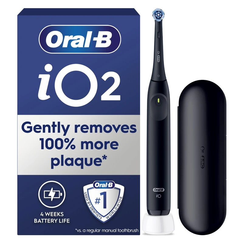 Oral-B iO2 Night Black Electric Toothbrush, 1 Toothbrush Head, 1 Travel Case, Designed by Braun