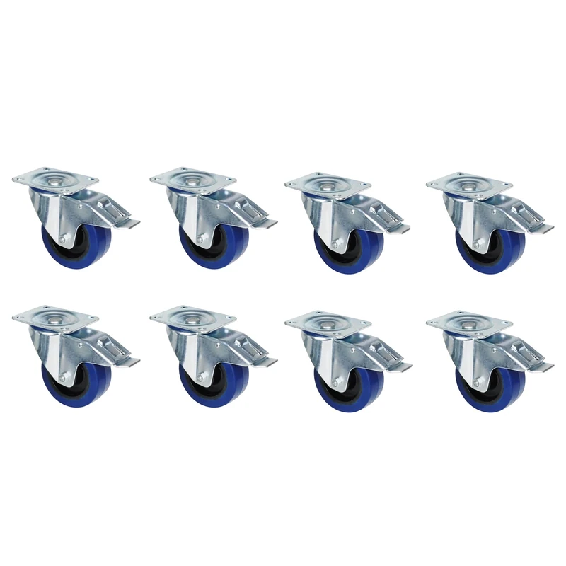 Adam Hall Hardware 372191 M8 AH - 8x Steel swivel castor with blue wheel and brake, 100 mm