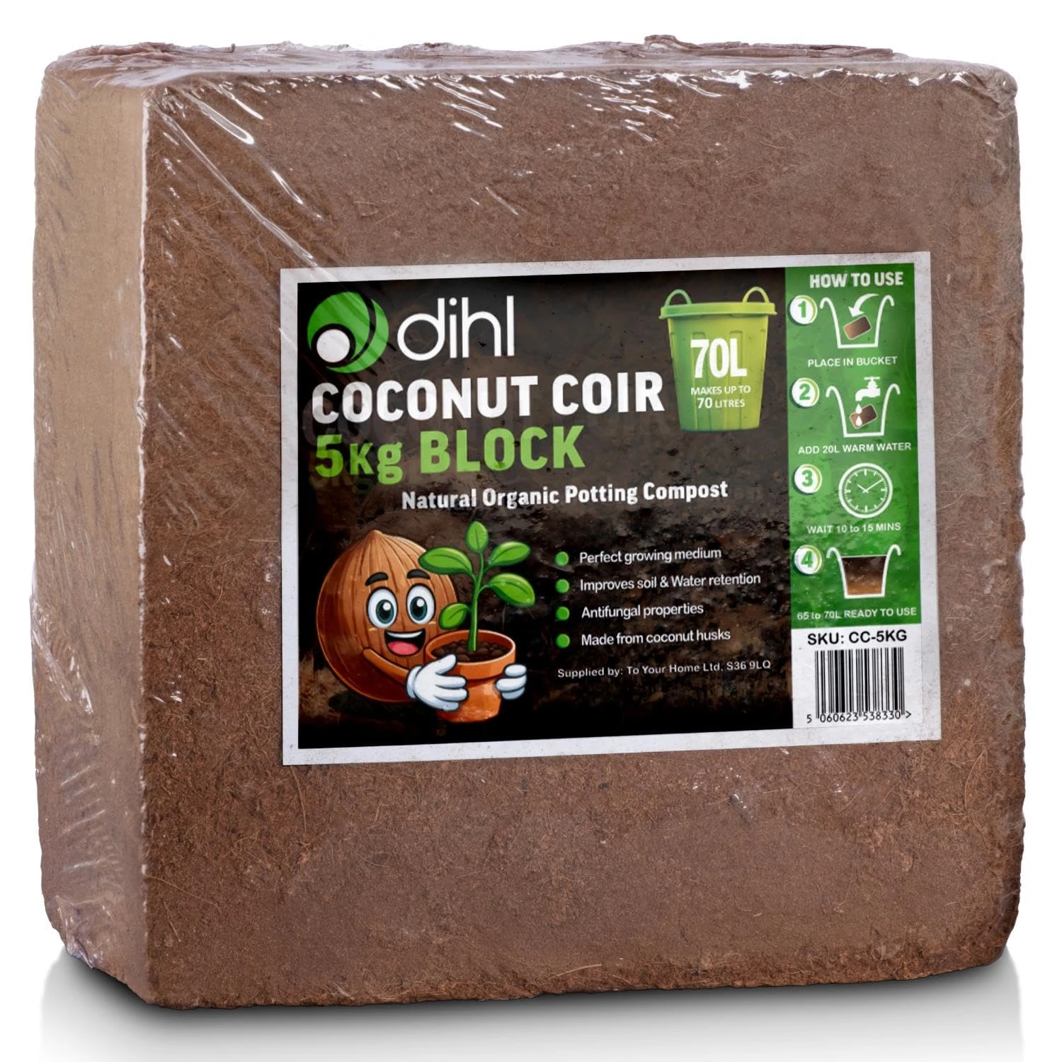 Dihl 5KG Organic Coconut Coco Coir Fibre Compost Block Bricks, Expands to 70 Litres, 100% Natural Compressed Peat-Free Garden Growing Medium, Seedling Potting Bedding Soil, pH Balanced