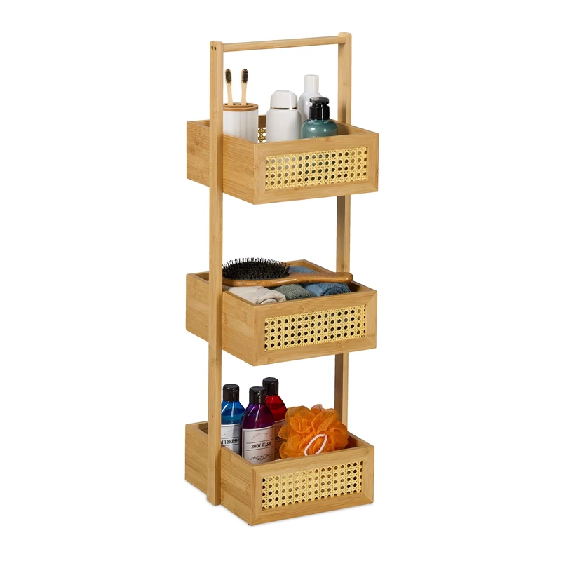 Relaxdays Bathroom Caddy Freestanding, 83 x 27 x 26 cm, Kitchen Storage Organiser Unit, Bamboo Cabinet, Rattan Boxes