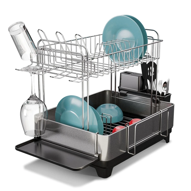 Home Zone Living Dish Rack, Stainless Steel Plastic, Silver and Black, L