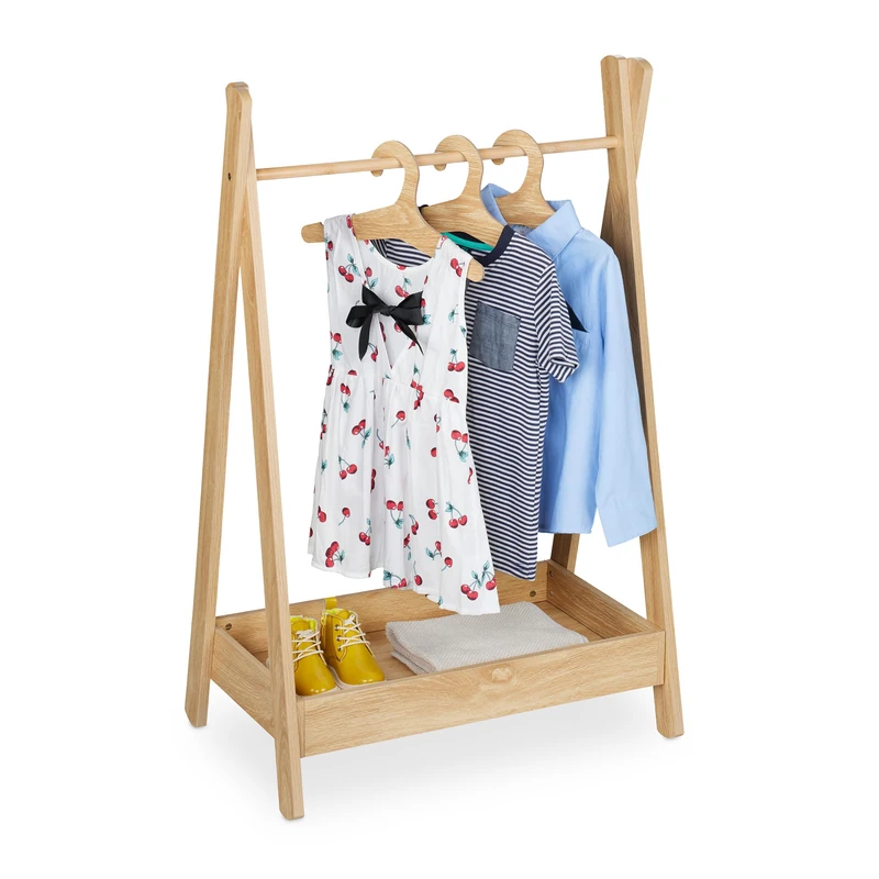 Relaxdays Children's Rack, HWD 98.5 x 62 x 40 cm, 3 Hangers, Kids Clothes Rail with Shelf, for Nursery, Natural, Fibreboard, Bamboo