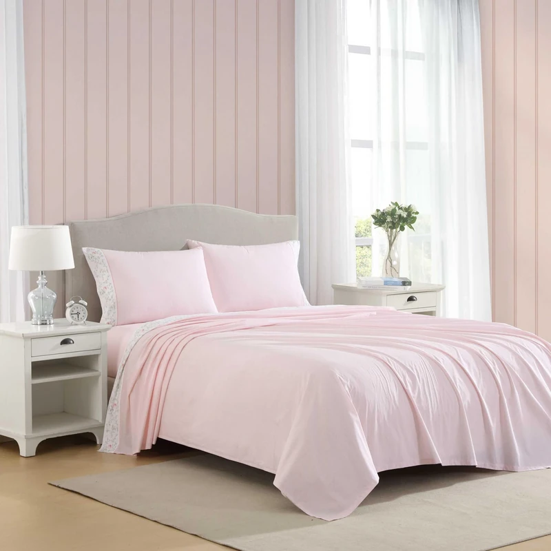 Laura Ashley - Full Sheet Set, Breathable Percale Cotton Bedding with Matching Pillowcases, 200 Thread Count, Deep Pocket, Chic Room Essentials (Victorian Scroll Pink, Full)