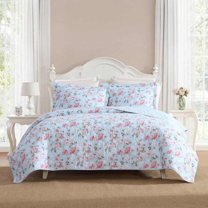 Laura Ashley - Twin Quilt Set, Reversible Cotton Bedding with Matching Sham, Envelope Closure, Floral Print Bed Set, Dorm Essentials (Blissful Blue)