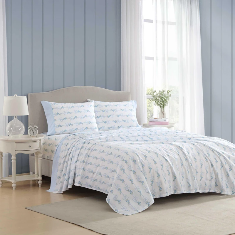 Laura Ashley - Full Sheet Set, Breathable Percale Cotton Bedding with Matching Pillowcases, 200 Thread Count, Deep Pocket, Chic Room Essentials (Floral Ribbon Blue, Full)