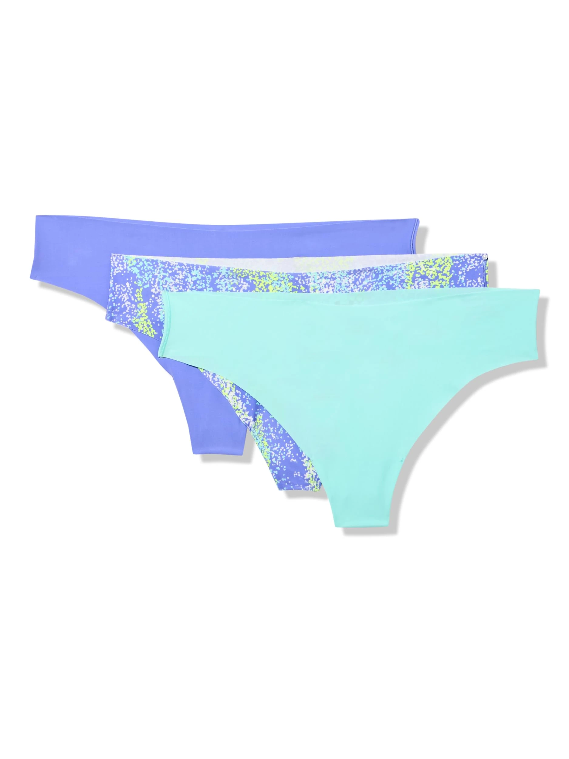 Under Armour Women's 3-Pack Pure Stretch No Show Thong Underwear, All-Day Comfort & Ultra-Soft Fit Panties, Purple/Neo Turquoise/Purple Print, S
