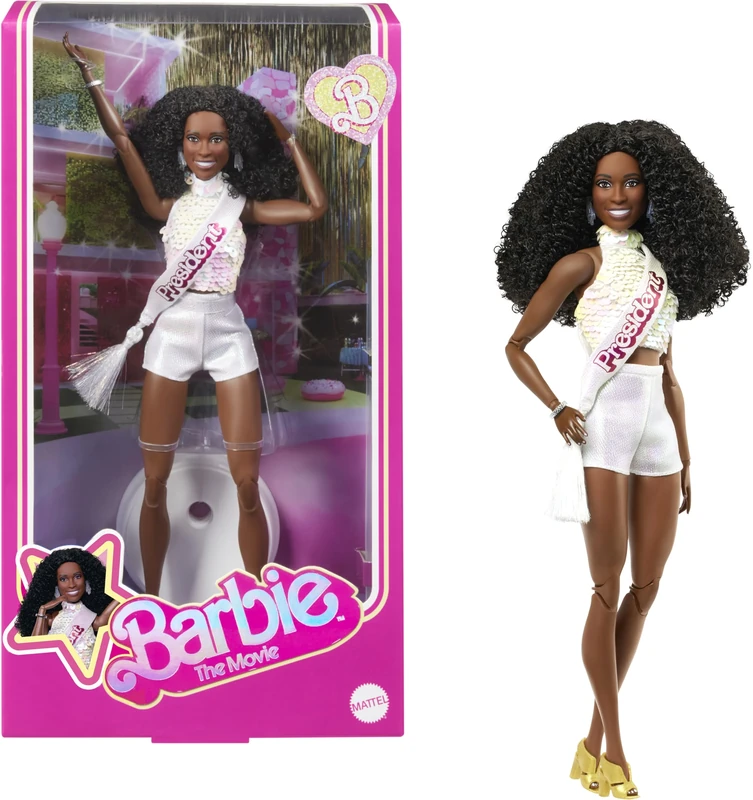 Barbie The Movie President Collectible Doll, Issa Rae as President Wearing Shimmery White Blouse & Short Set, With Dark Curly Hair & President Sash, JBJ55
