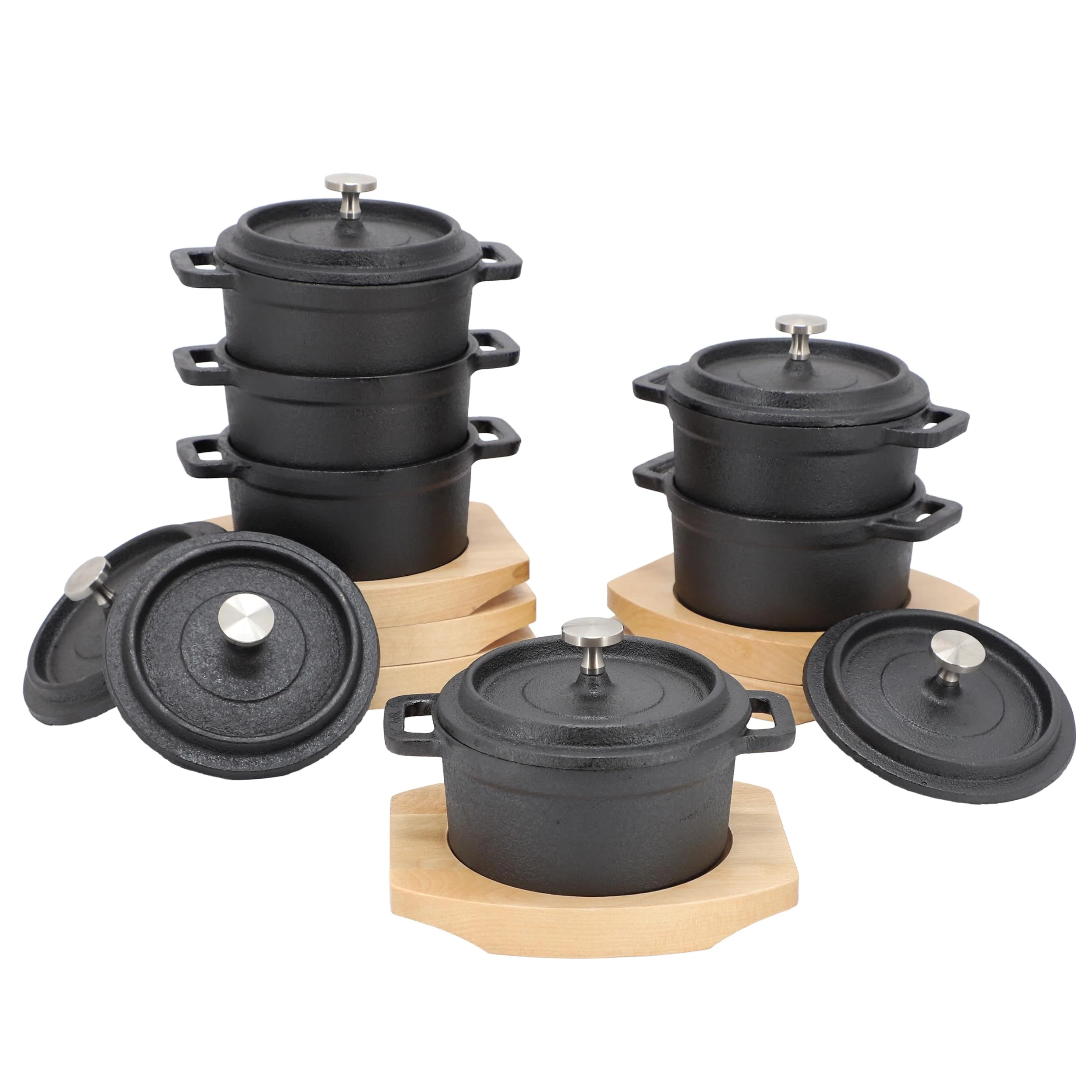 MegaChef Cast Iron 8 Ounce Mini Dutch Oven with Wood Tray, Cookware, Bakeware, Serveware (6 Piece)