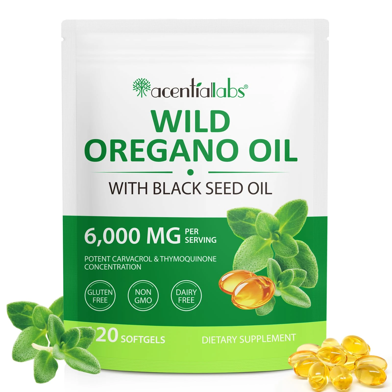 Wild Oil of Oregano Softgels 2 In1 6,000 Mg Oregano Oil with Black Seed 120 Softgels Easy to Swallow for Enhancing Immune System & Bone Health