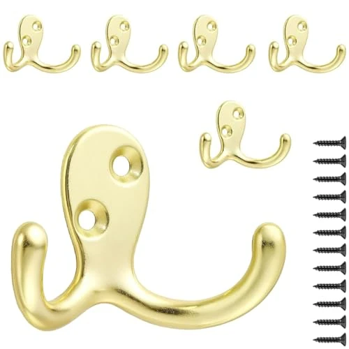 PAIDASHU 6 Pack Coat Hooks Wall Hooks for Hanging, Heavy Duty Double Prong Metal Hook Wall Mounted for Living Room, Bathroom, Kitchen, Bedroom for Coat, Bag, Scarf, Towel, Hat, Key, Cup (Golden)