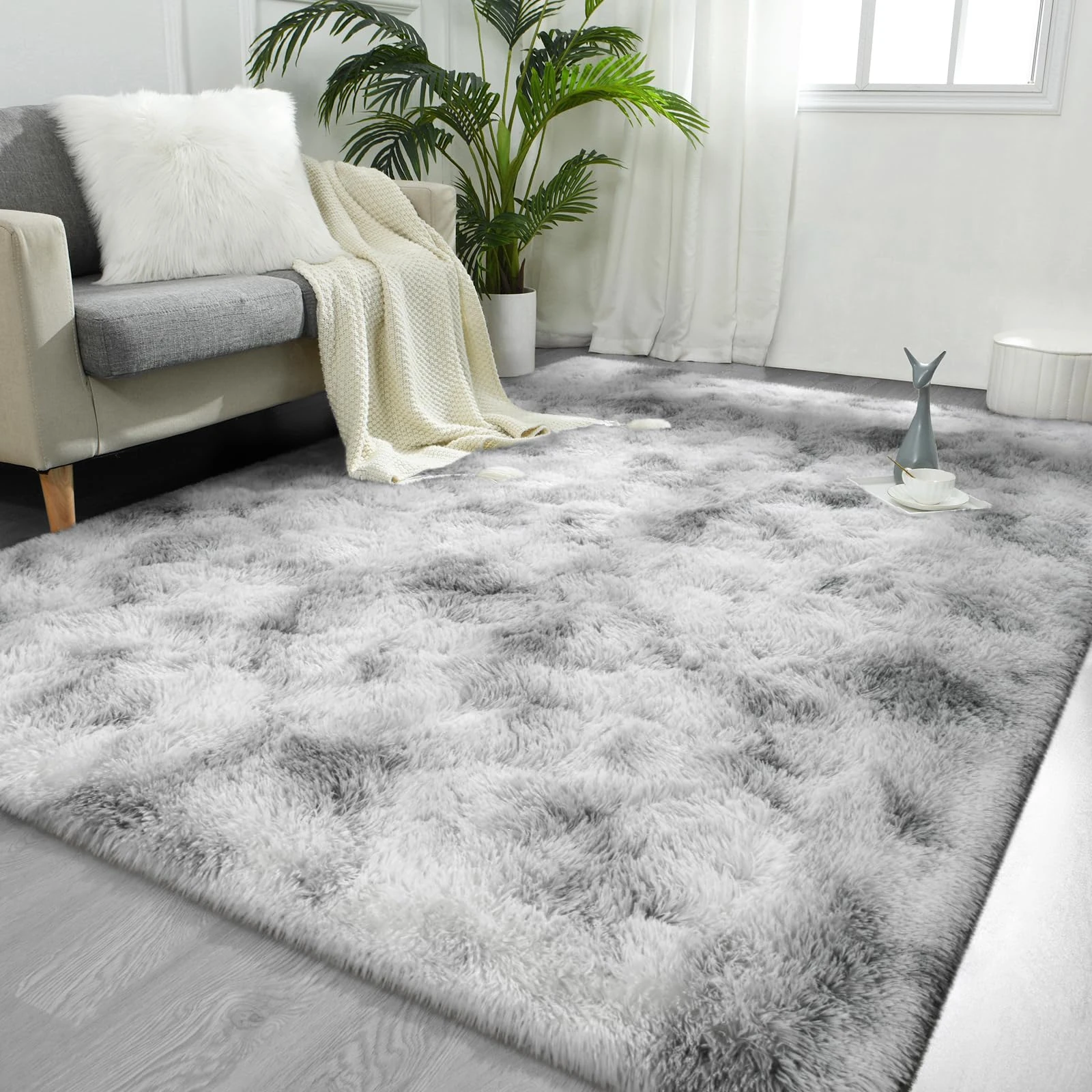 FlyDOIT 6x9 Feet Large Area Rugs for Living Room, Tie-Dyed Grey and White Shaggy Rug Fluffy Throw Carpets, Ultra Soft Plush Modern Indoor Fuzzy Rugs for Bedroom Girls Kids Nursery Room Dorm Home Decor