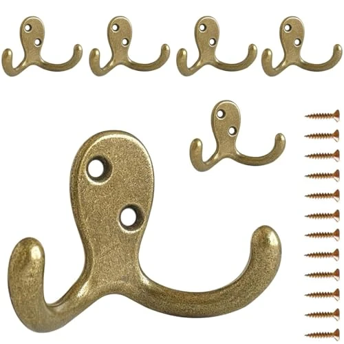 PAIDASHU 6 Pack Coat Hooks Wall Hooks for Hanging, Heavy Duty Double Prong Metal Hook Wall Mounted for Living Room, Bathroom, Kitchen, Bedroom for Coat, Bag, Scarf, Towel, Hat, Key, Cup (Bronze)