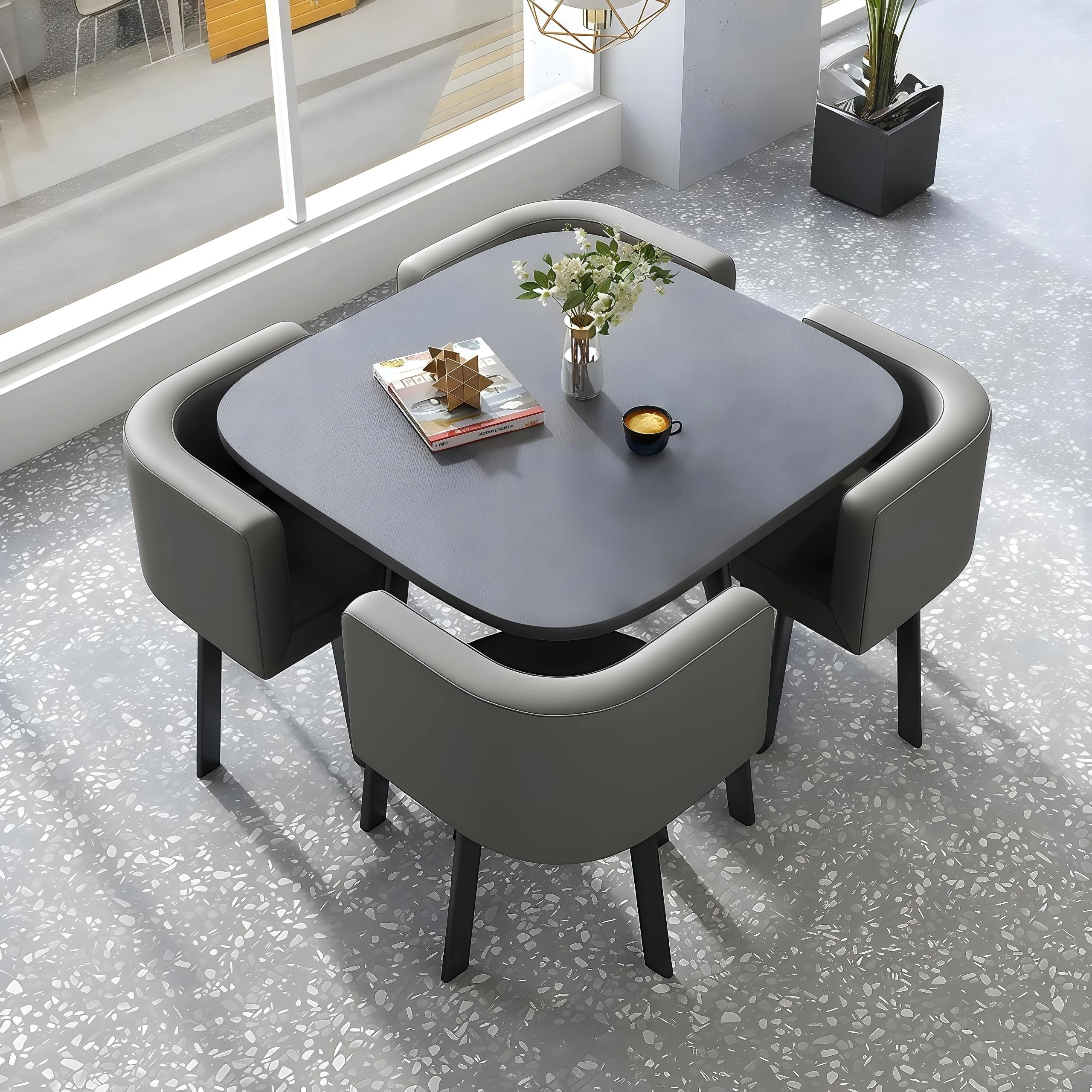 5 Piece Modern Dining Table Set, Kitchen Table Set for 4, Dining Table and Chairs Set 4 with 4 Faux Leather Chairs, Dining Room Table Set for Small Space Apartment,Grey