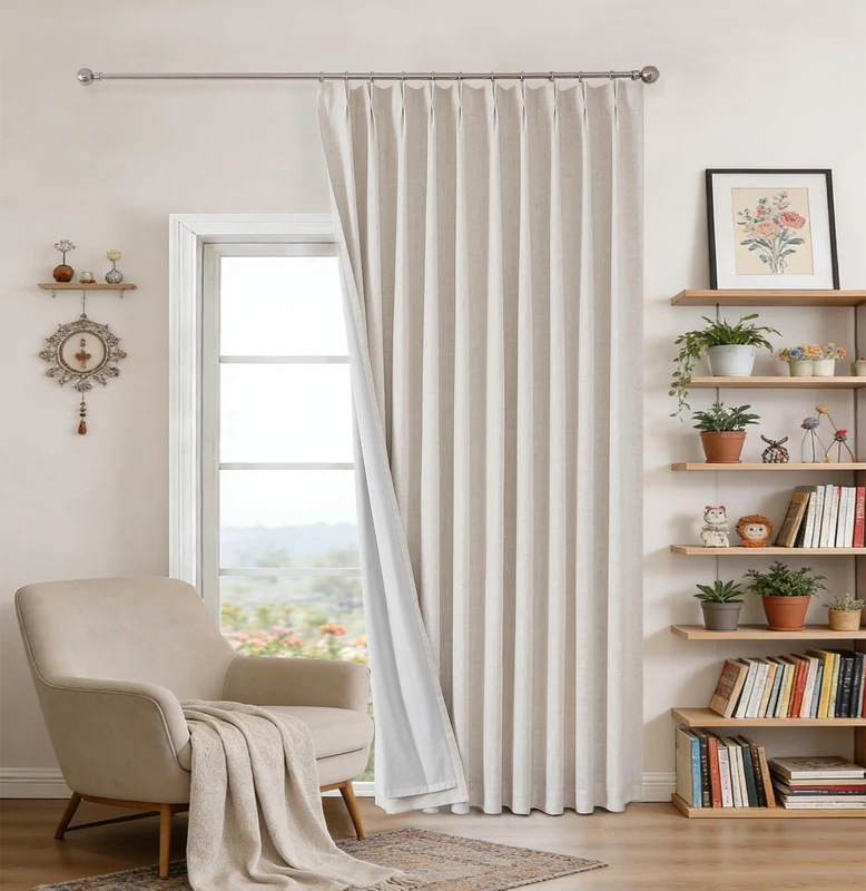 Noblefold Natural Pinch Pleated Full Blackout Curtains Linen Blended Room Darkening Window Curtains 84 inch for Living Room Bedroom Thermal Insulated Back Tab with Hooks 1 Panel 60" W x 90" L