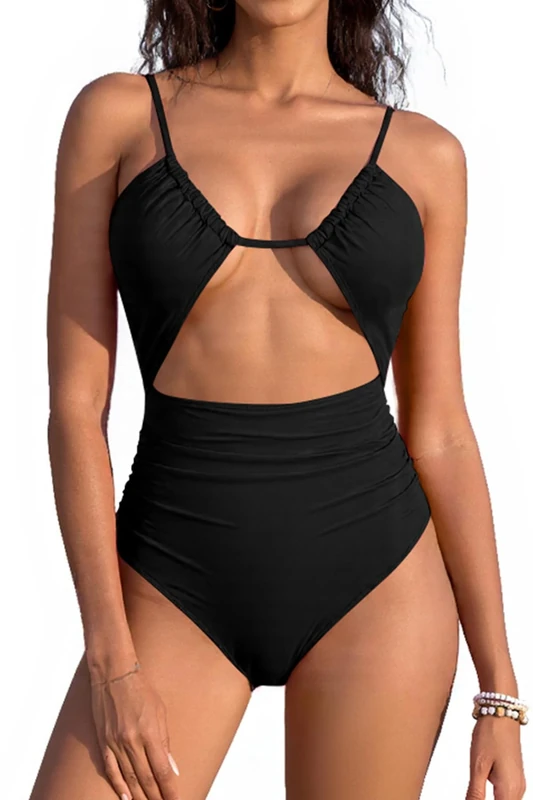 SHEKINI Womens Sexy One Piece Swimsuits Cut Out Cheeky Beach Swimwear Ruched Padded Monokini Bathing Suit, Black, Small
