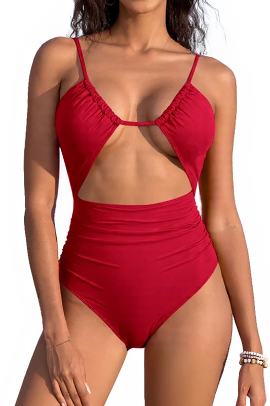SHEKINI Womens Sexy One Piece Swimsuits Cut Out Cheeky Beach Swimwear Ruched Padded Monokini Bathing Suit, Red, Medium