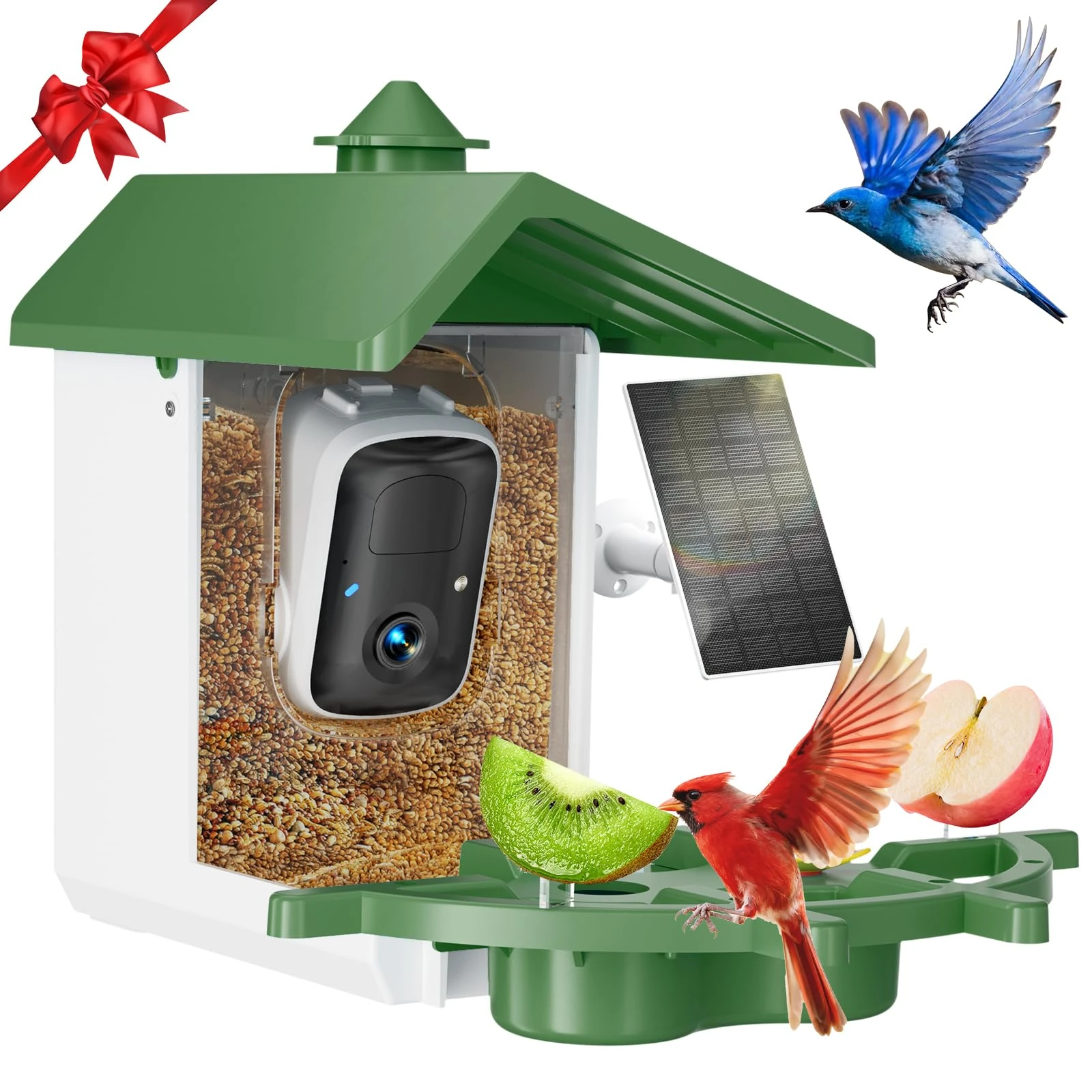 INKCKU Smart Bird Feeder with Camera – 2K HD, AI Recognition & 2-Way Audio, Solar-Powered, Night Vision, IP65 Waterproof, WiFi Birdhouse for Bird Lovers (Green)