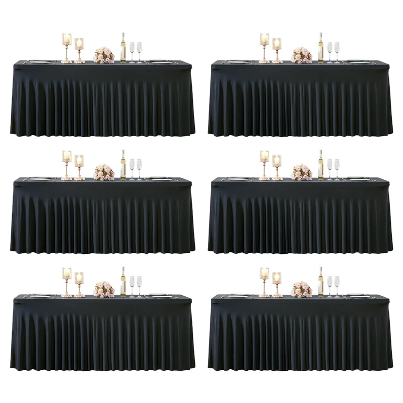6 Pack 6ft Black Spandex Table Cloths for Rectangle Tables Wrinkle Free Black Rectangle Tablecloths, Stretch Fitted Table Cover with Skirt for Wedding Birthday Party Banquet Baby Shower Buffet Event