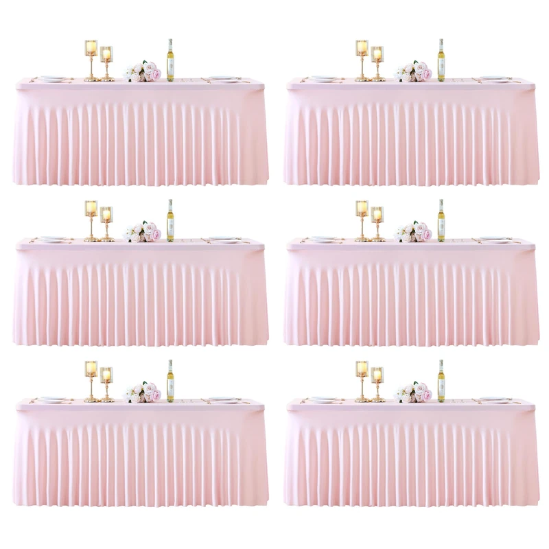 6 Pack 6ft Pink Spandex Table Cloths for Rectangle Tables Wrinkle Free Pink Rectangle Tablecloths, Stretch Fitted Table Cover with Skirt for Baby Shower Girl Birthday Party Wedding Banquet Buffet