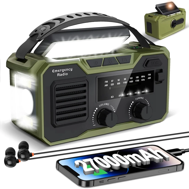 Emergency Crank Radio 27000 Mah, Emergency Radio Fm/Am, Emergency Radio Solar Crank with Mobile Phone Charger and Torch, Solar Radio with SOS Alarm, Emergency Radio with Wireless Speakers (Army Green)