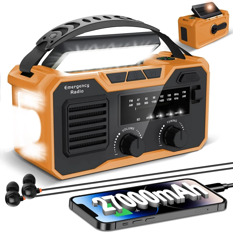 Emergency Crank Radio 27000 Mah, Emergency Radio Fm/Am, Emergency Radio Solar Crank with Mobile Phone Charger and Torch, Solar Radio with SOS Alarm, Emergency Radio with Wireless Speakers (Yellow