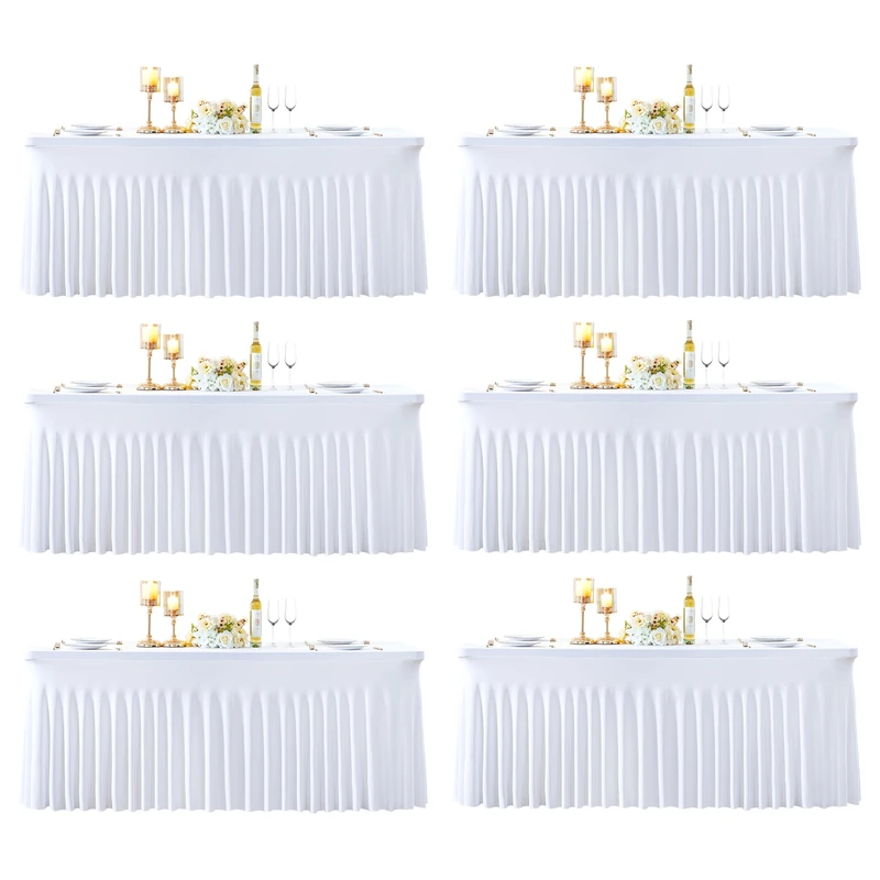 6 Pack 6ft White Spandex Table Cloths for Rectangle Tables Wrinkle Free White Rectangle Tablecloths, Stretch Fitted Table Cover with Skirt for Wedding Birthday Party Banquet Baby Shower Buffet Event