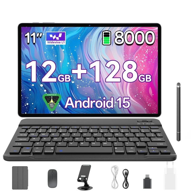 Tablet, Android 15, 11 inch Tablet | T606 Octa-Core | 1280x800 HD IPS Screen | 8000mAh（with NTC）| 2.4G+5G WiFi | BT5.0 | GPS | Widevine L1 | with Usb Ports (Keyboard Set)