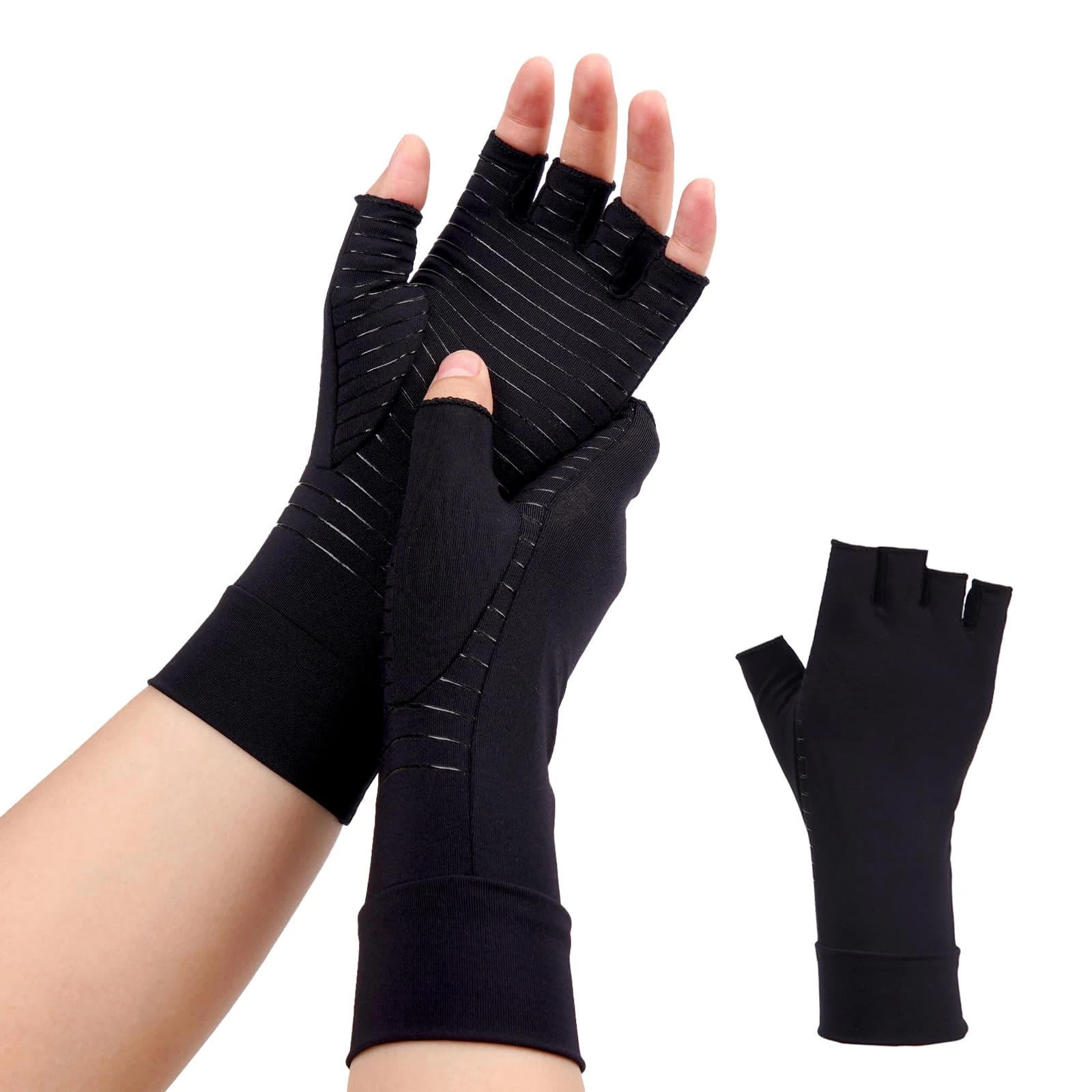 Arthritis Gloves for Women Men, Fingerless Hand Thumb Gloves, Black, Black, Large