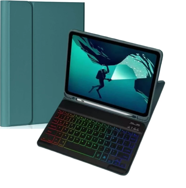 NUWONAYA Keyboard Case for Galaxy Tab A11+ Plus/A9+ Plus 11 Inch, Slim Lightweight 7 Color Rainbow Backlight Detachable Magnetic Bluetooth Keyboard Cover with S Pen Holder,Teal