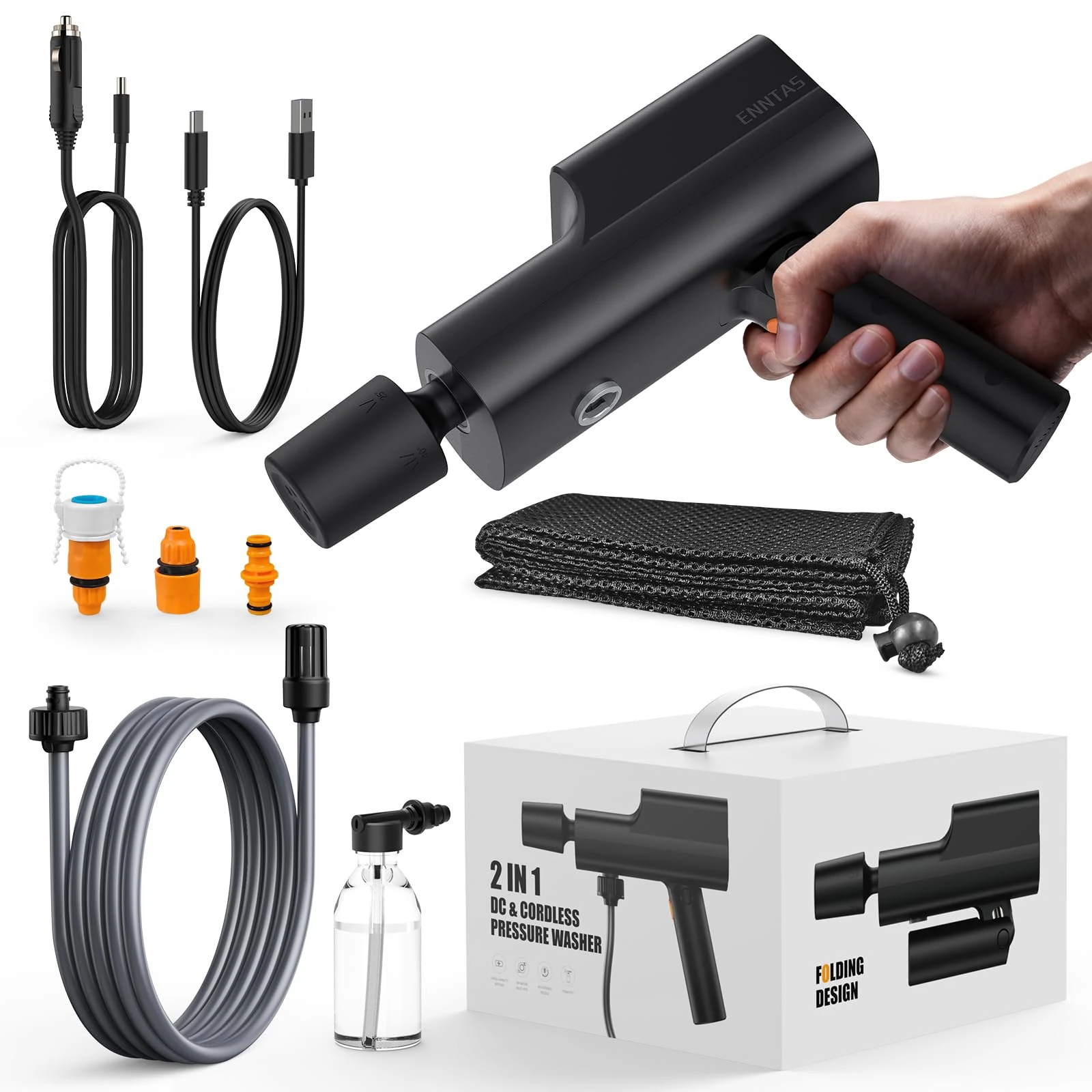 Cordless Pressure Washer 12000mAh Battery, Cordless Jet Wash 30-60 Min Runtime, Portable Power Washer with 5M Hose & 5-in-1 Nozzle, Type-C Charging, Foam Pot for Car, Bike, Floor, Garden Watering