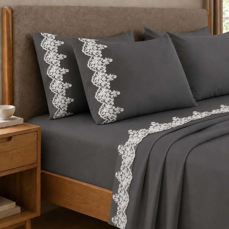 PETTI Artigiani Italiani - Set of Double Bed Sheets Percale Cotton with Lace Macrame Smokey Grey, 4-Piece Bedding Set, 100% Made in Italy