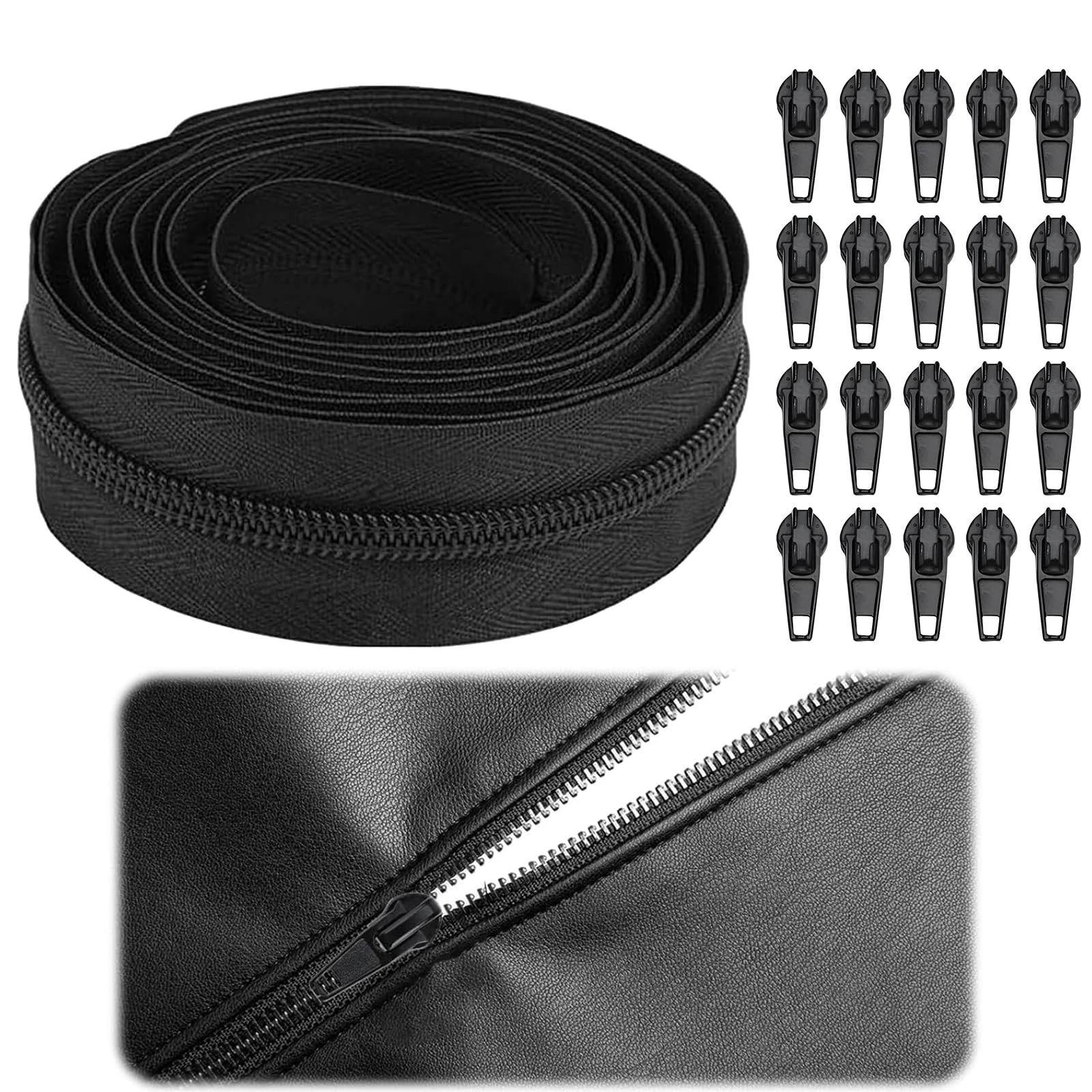 Black Continuous Zip,Equipped with 20 Sliders Long Zip,Used for Sewing Luggage and Bag Craftsmanship Sewing of Various Sizes, Pillows, Bags (10m/20 Zipper Slider)