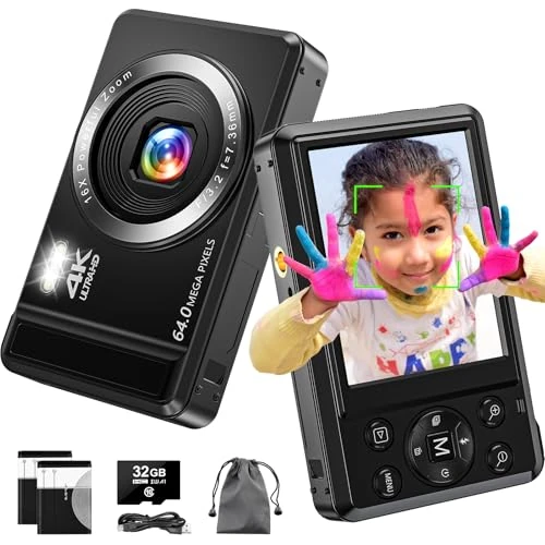 Digital Camera 4K Cameras 64MP Compact Camera with 32GB TF Card 16X Compact Digital Zoom Cameras for Kids Teenagers Elderly Beginners